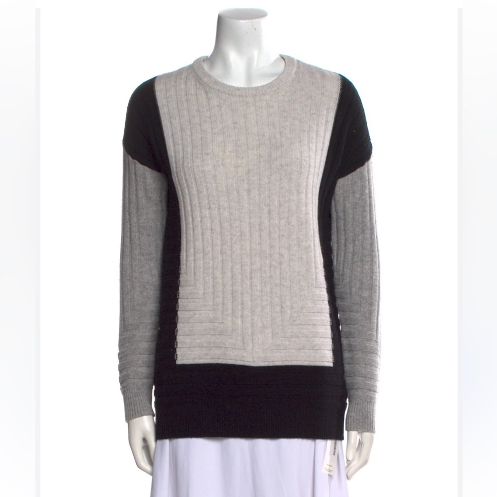 VINCE. Intarsia Colorblock Wool Cashmere Crew Sweater Black Grey White Size S